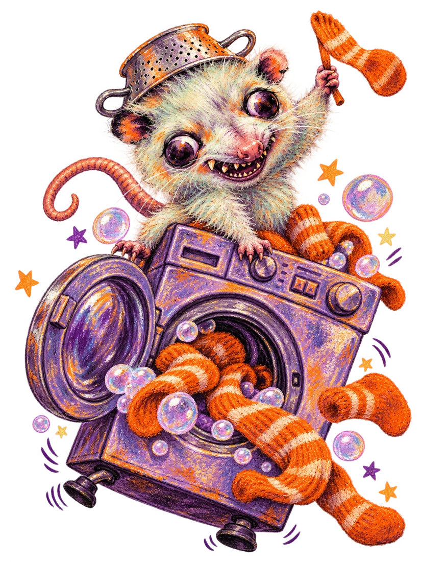 The possum rides a bucking purple washing machine as orange socks erupt from its drum